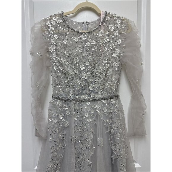 New Mac Duggal Size 4 Gray EMBELLISHED LONG SLEEVE A-LINE MIDI Cocktail Dress - Picture 5 of 11